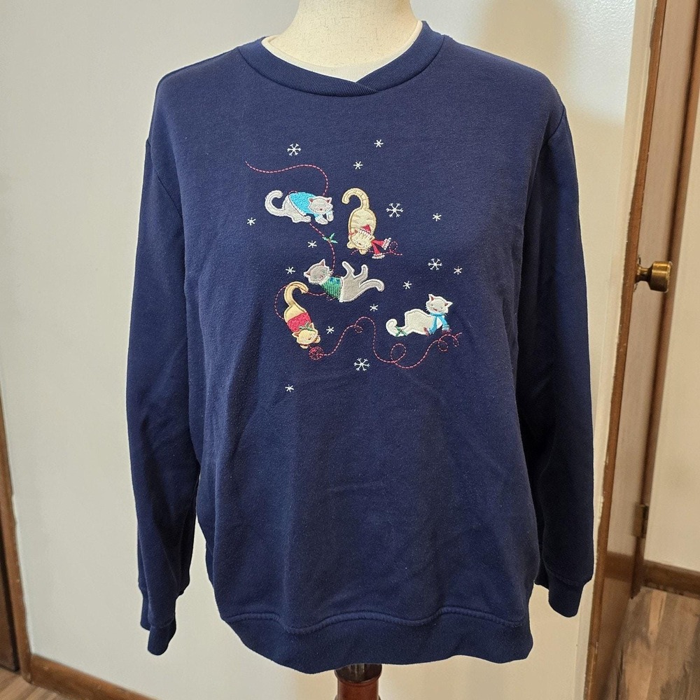 Vintage 90s Christmas Cat Lady Sweatshirt Kitten Christmas Holiday Grannycore XL